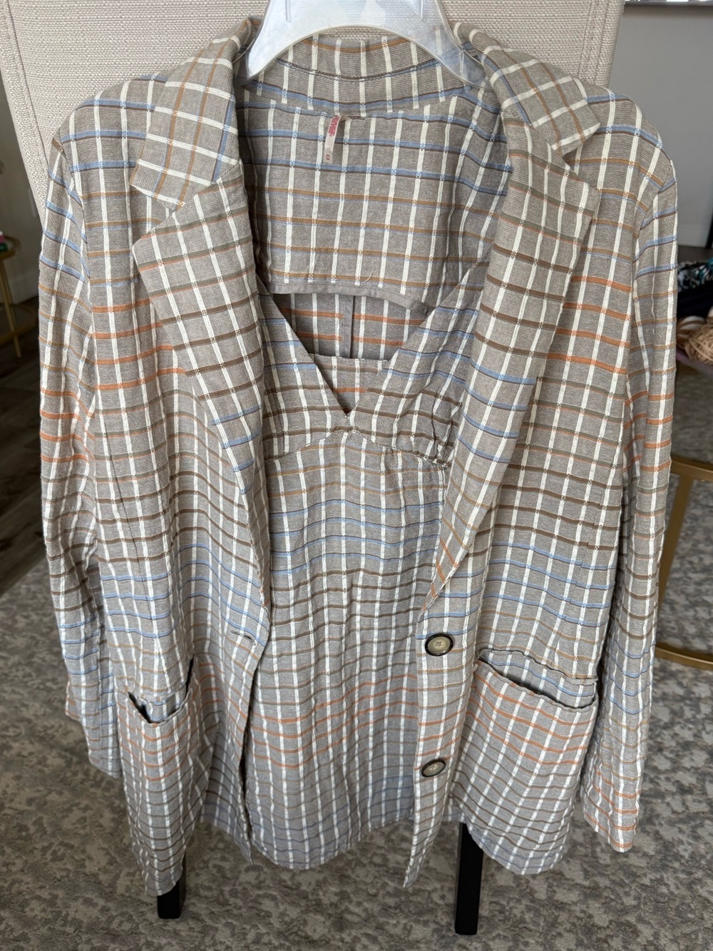 Free People Better Together Plaid Blazer & Mini Dress Set Taupe Cotton Size M - Picture 3 of 15